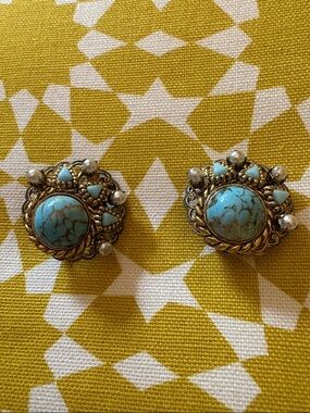 W. Germany stamped Vintage-Style Turquoise & Gold Statement Clip Earrings